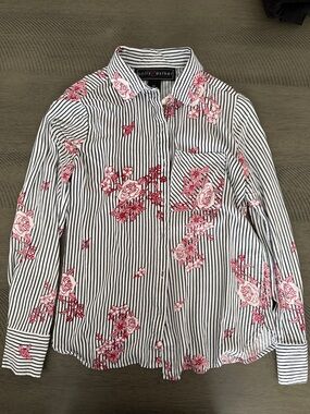 Pink Floral Black & White Stripe Button Up Shirt
